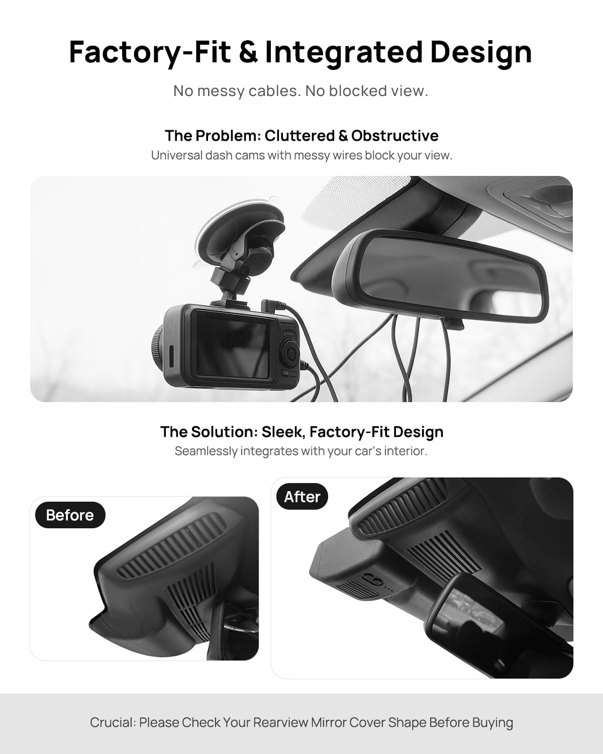 Before vs after installation on Mercedes-Benz Maybach S-Class S350 S450 S550 W222 C217 A217 2016 2019-2021: integrated front & rear dash cam behind mirror cover for a...