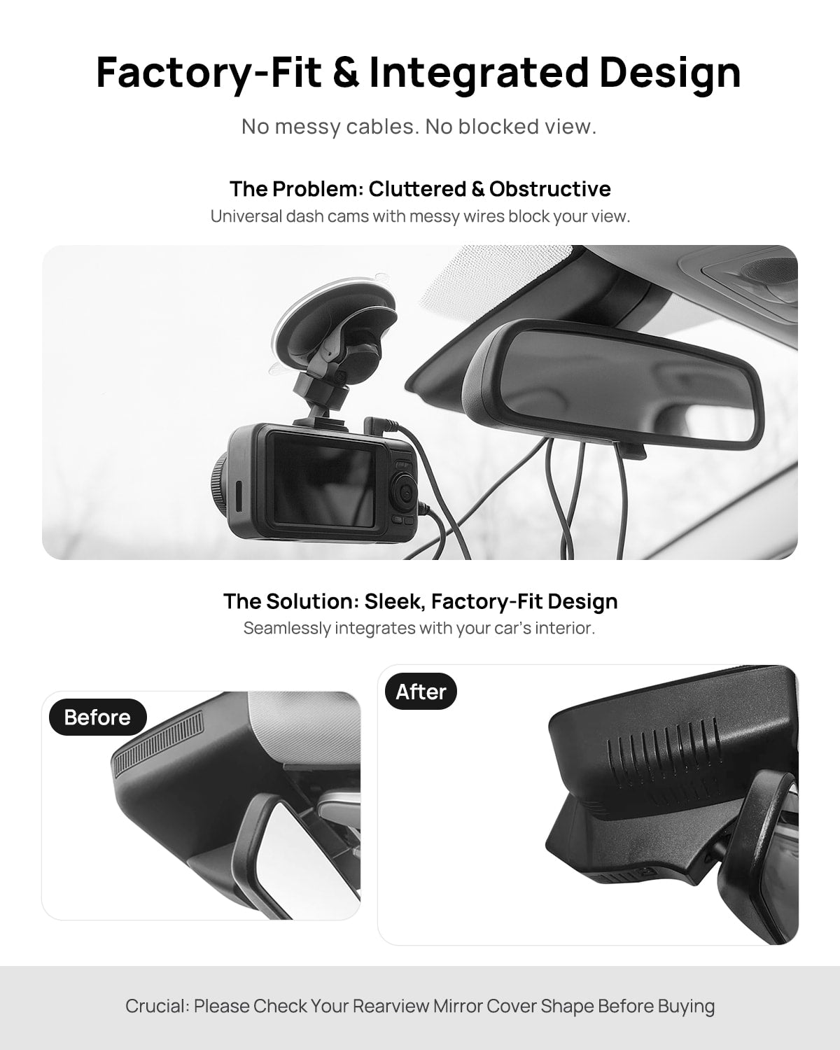 Before vs after installation on Hongqi H9 2024: integrated dash cam behind mirror cover for a cleaner, unobstructed view