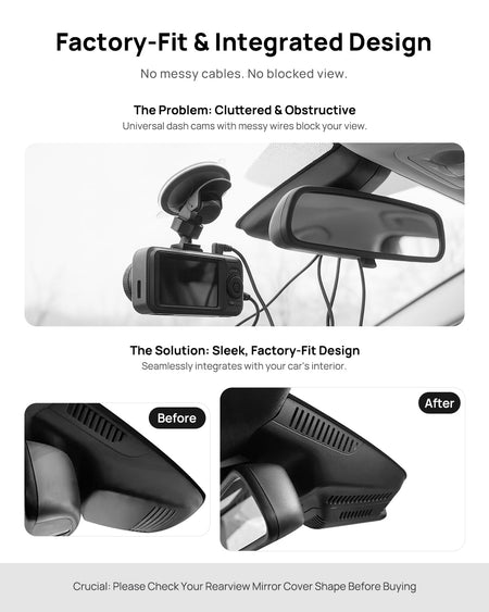 Before vs after installation on Mercedes-Benz GLK260 GLK300 X204 2013-2015: integrated front & rear dash cam behind mirror cover for a cleaner, unobstructed view