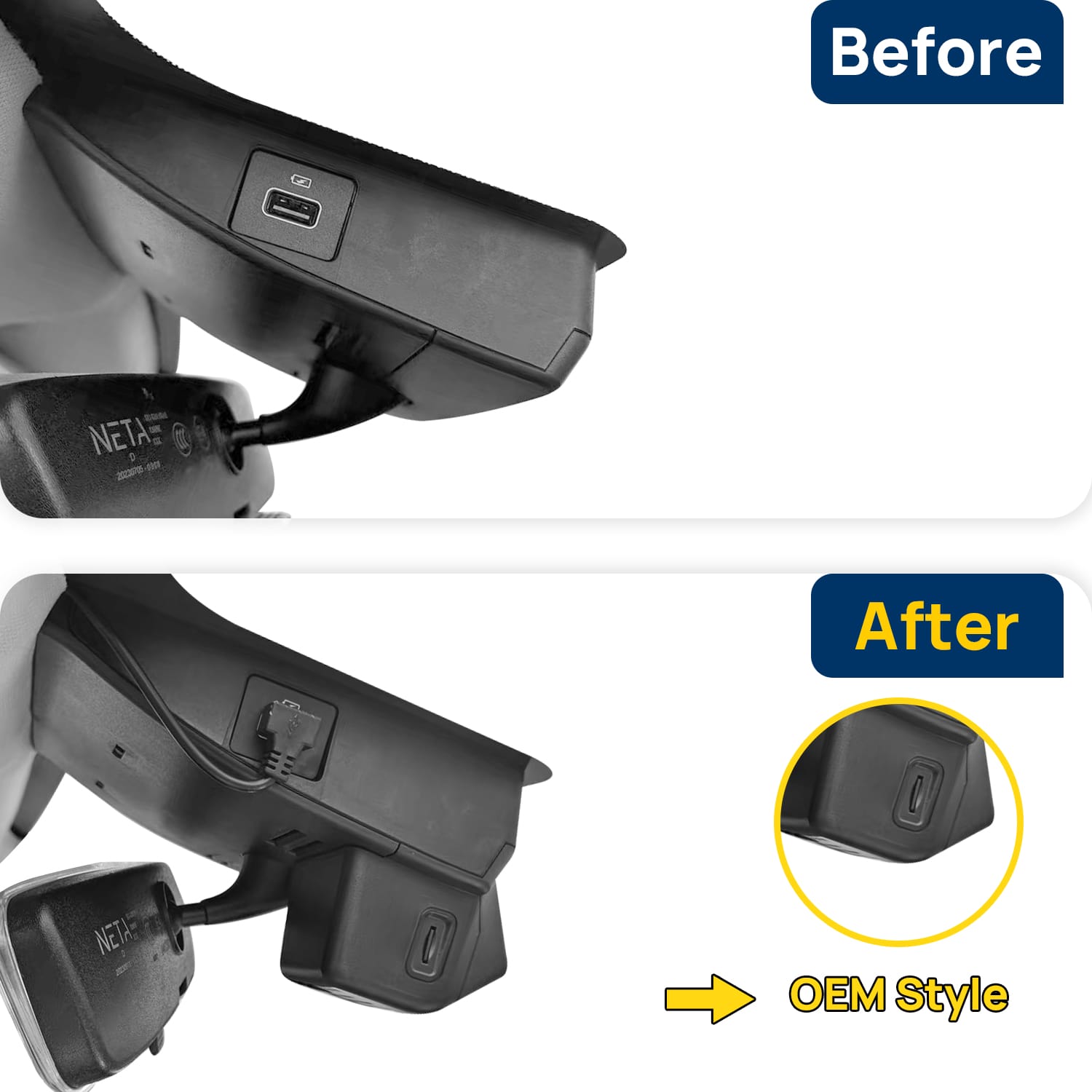 Vorher-Nachher Vergleich: Xplywi 1080P Frontkamera Dashcam Kompatibel mit Nezha V 2021 2022, diskrete OEM-Installation