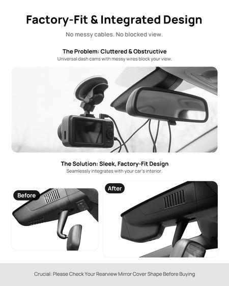 Before vs after installation on Mercedes-Benz B-Class B200 W246 W247 2015-2019: integrated dash cam behind mirror cover for a cleaner, unobstructed view