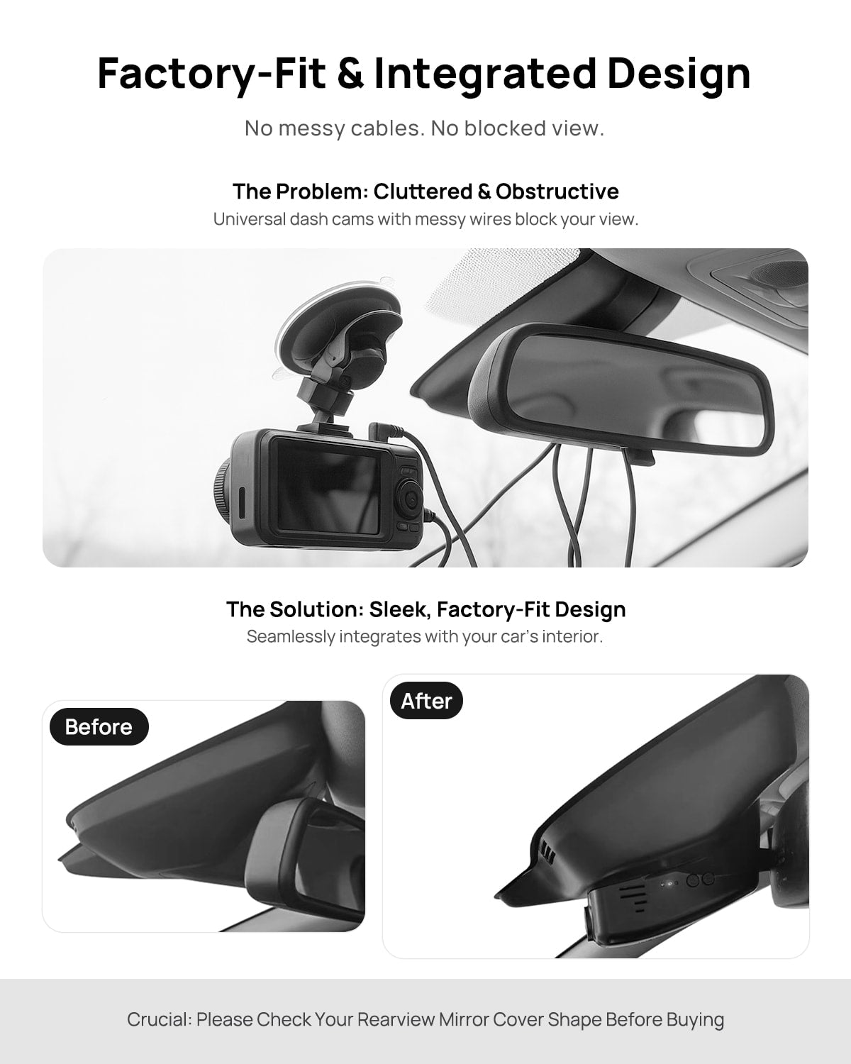Before vs after installation on Volvo S60 V60 2010-2018, for Volvo XC70 2012-2016: integrated front & rear dash cam behind mirror cover for a cleaner, unobstructed view