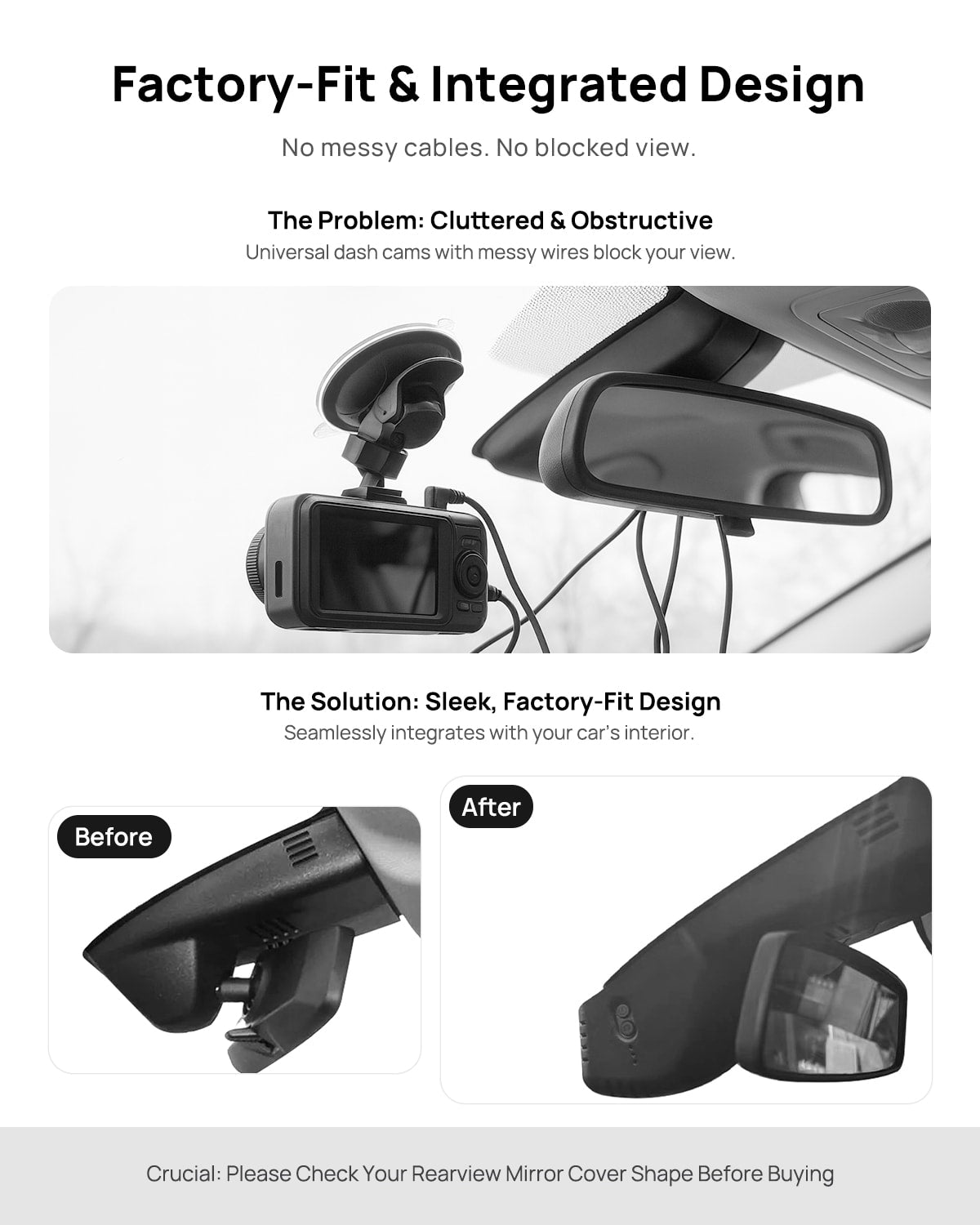Before vs after installation on BMW 2 Series Coupe F44 2021 2022: integrated front & rear dash cam behind mirror cover for a cleaner, unobstructed view