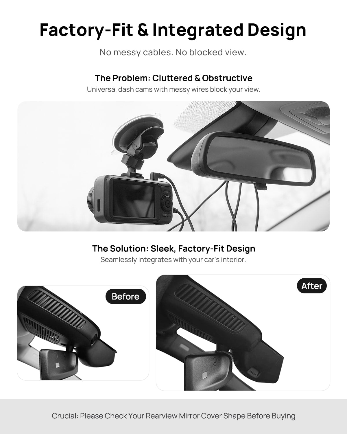 Before vs after installation on Mercedes-Benz GLE350 GLE450 V167 2019-2025: integrated front & rear dash cam behind mirror cover for a cleaner, unobstructed view