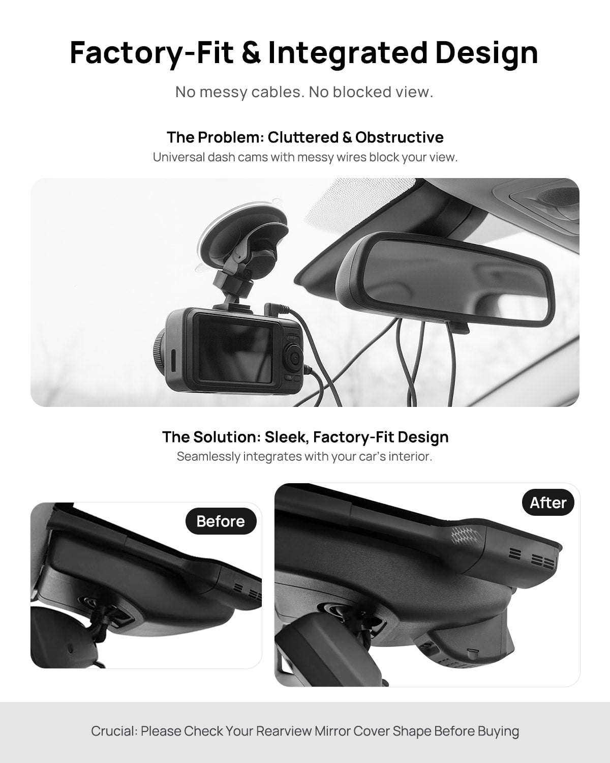 Before vs after installation on Toyota Alphard Vellfire (AH30) 2018-2022: integrated front & rear dash cam behind mirror cover for a cleaner, unobstructed view