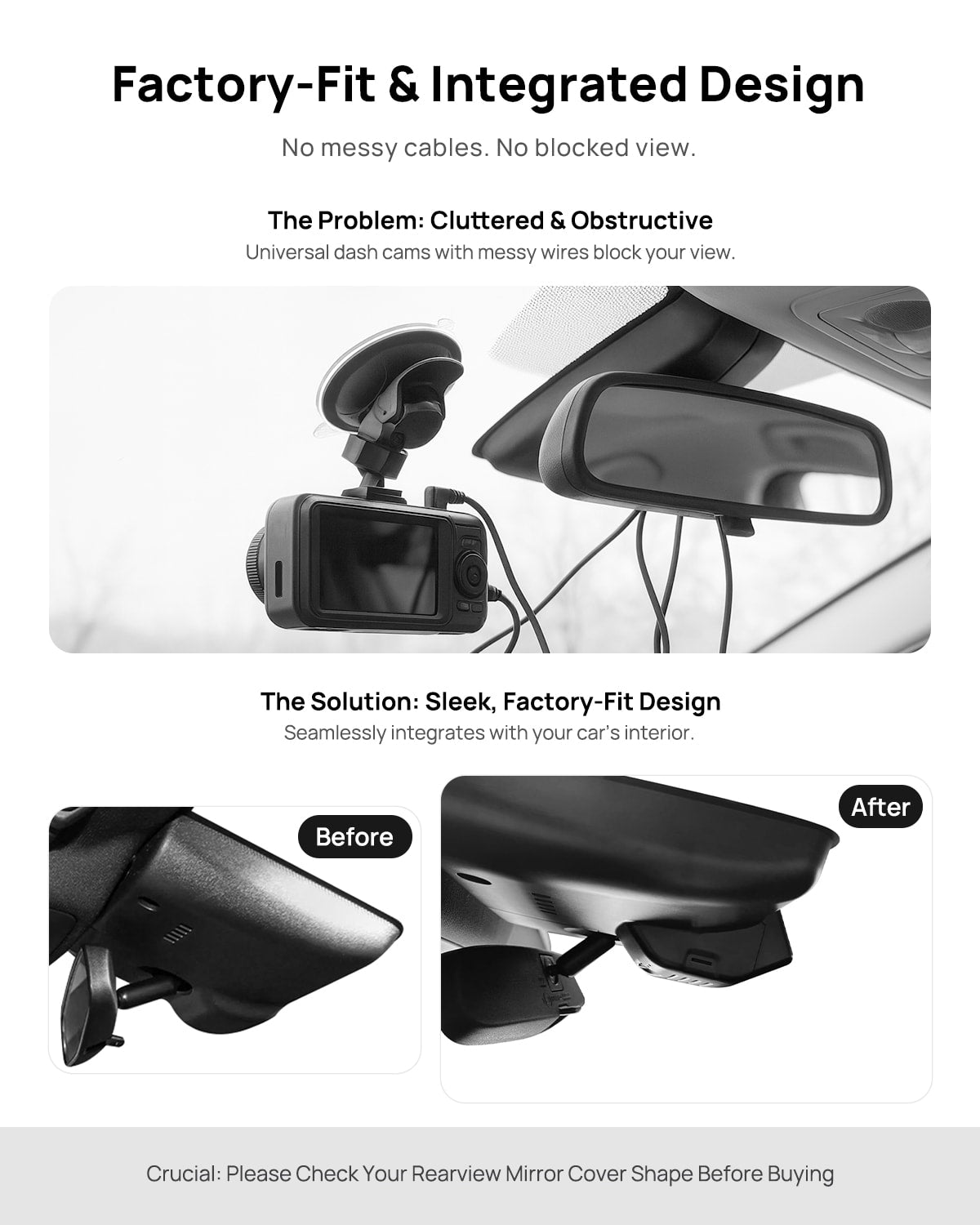 Before vs after installation on Cadillac CT5 2019-2022: integrated dash cam behind mirror cover for a cleaner, unobstructed view