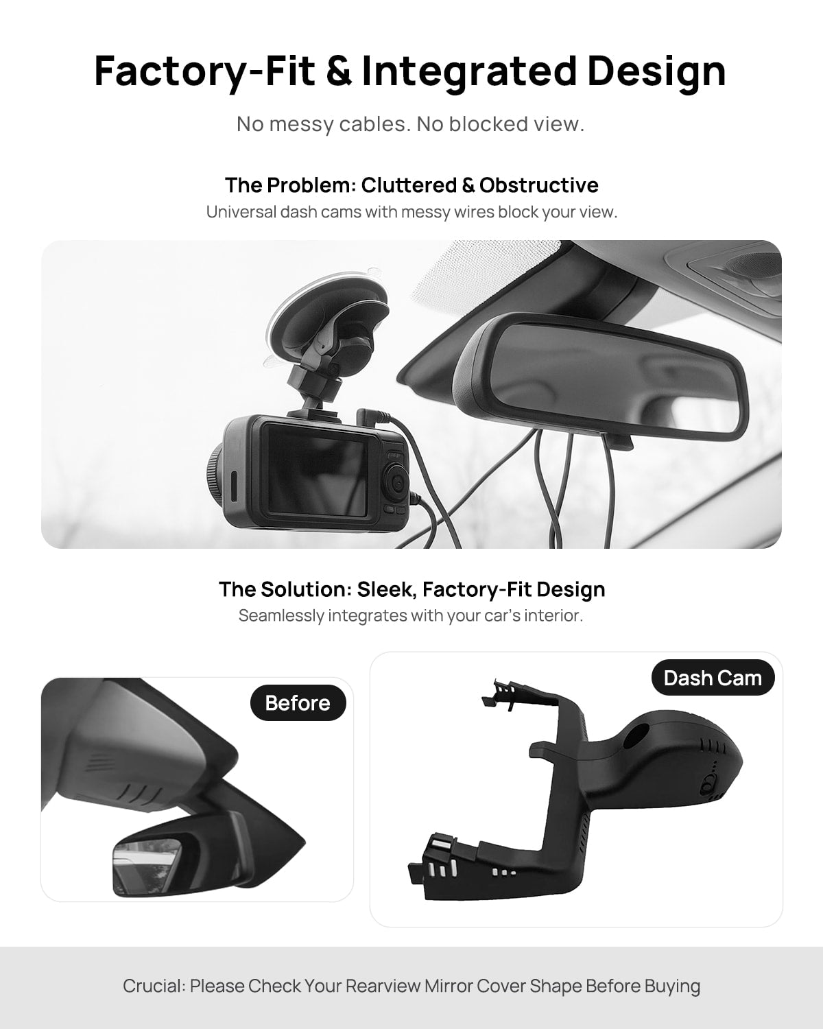 Before vs after installation on BMW X4 G02 F98 2018-2025: integrated dash cam behind mirror cover for a cleaner, unobstructed view
