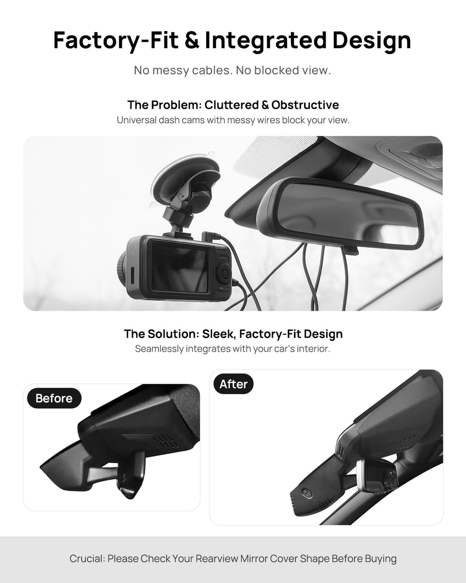 Before vs after installation on BMW iX I20 2022-2025: integrated dash cam behind mirror cover for a cleaner, unobstructed view