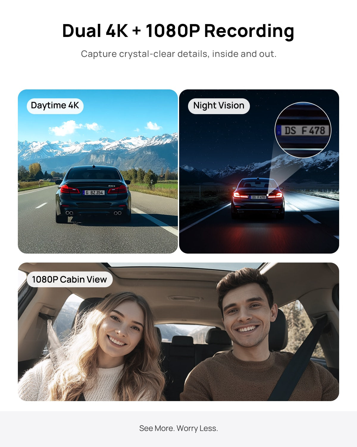Examples of front and rear camera recordings: 4K front camera video (day/night) and 1080P in-car view video. Xplywi