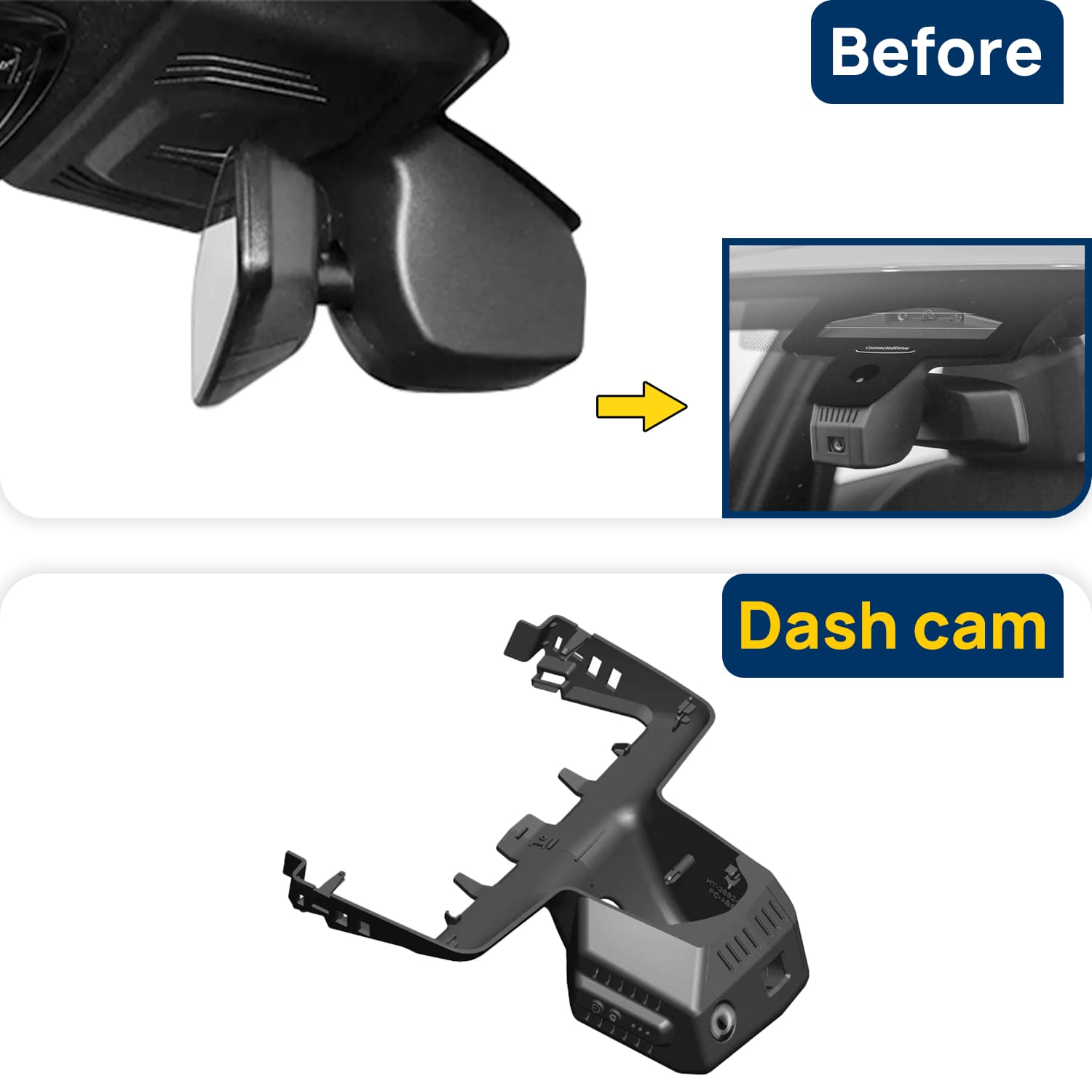 Vorher-Nachher Vergleich: Xplywi 2K/1080P Doppel Dashcam Autokamera Kompatibel mit BMW 3 Series G20 2025, diskrete OEM-Installation