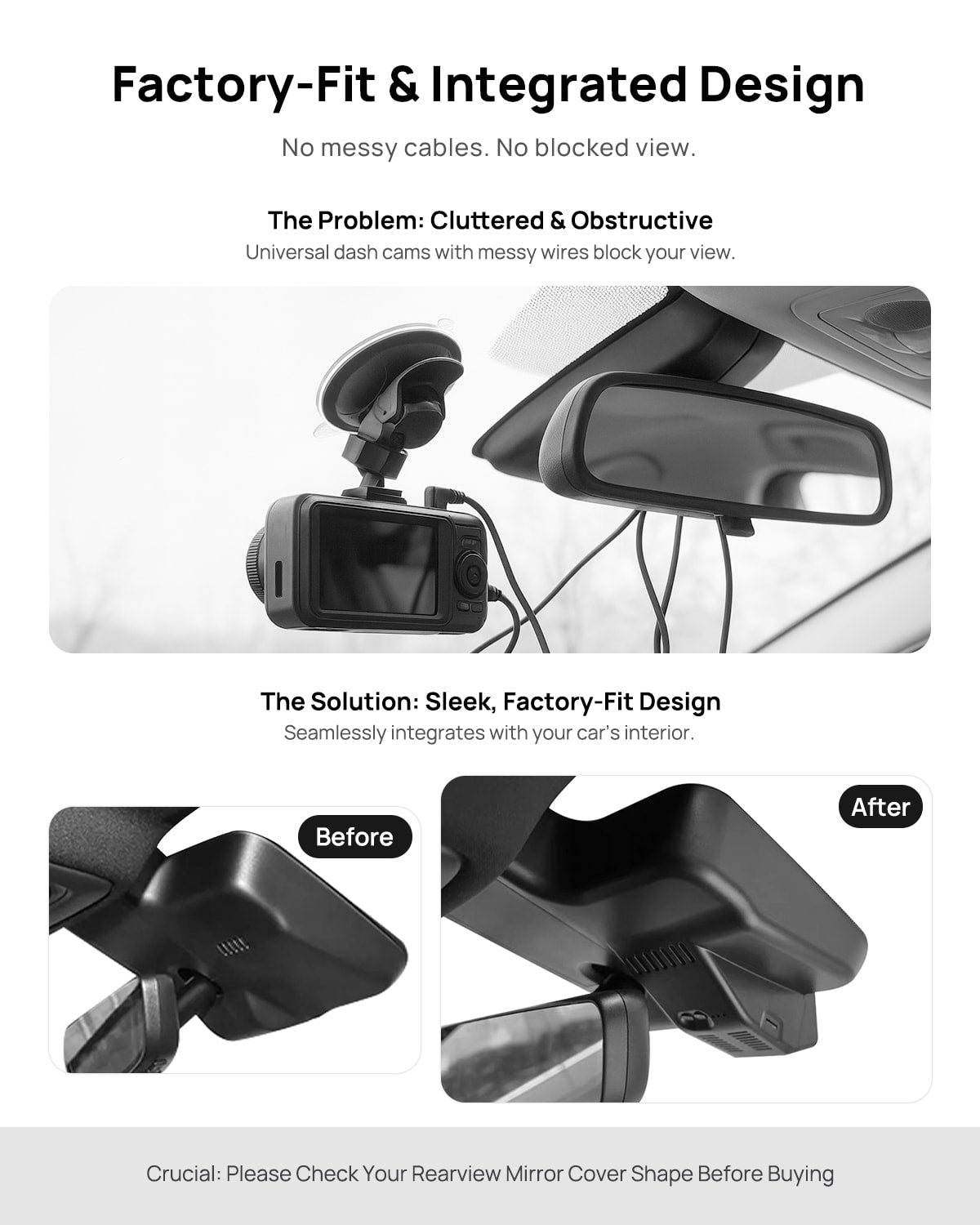 Before vs after installation on Cadillac XTS 2017 2018: integrated front & rear dash cam behind mirror cover for a cleaner, unobstructed view