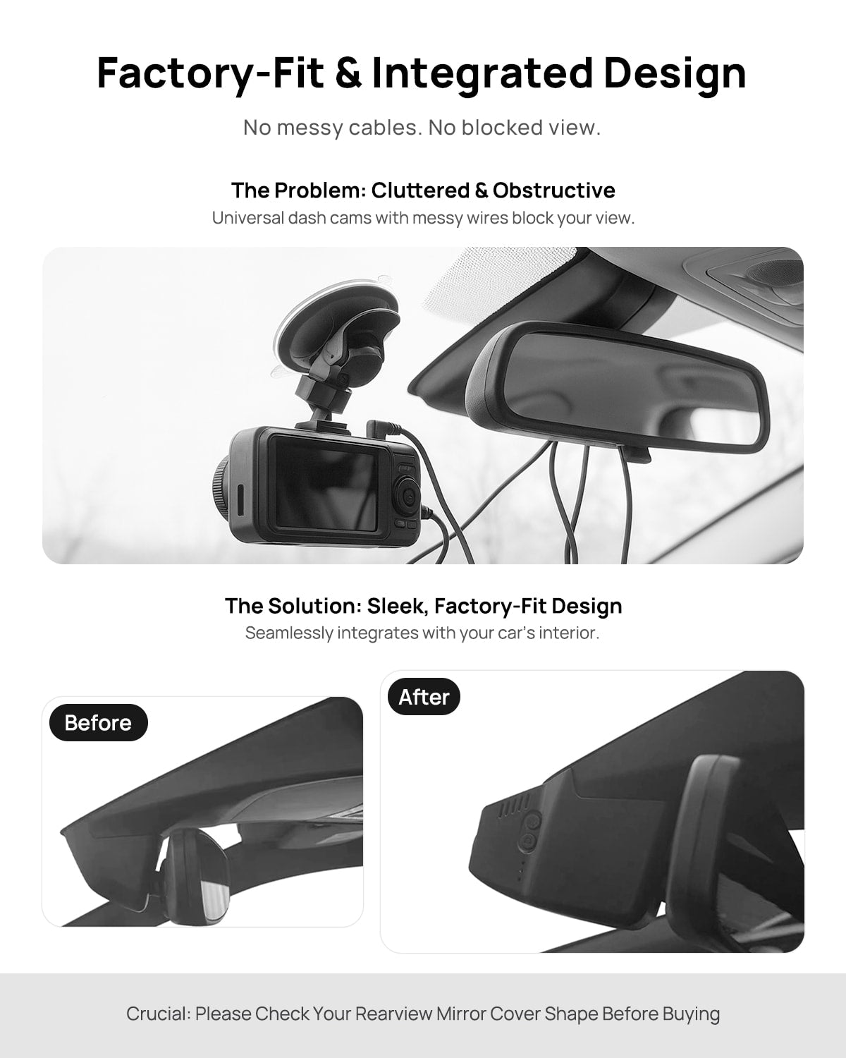 Before vs after installation on Volkswagen Tiguan 2019-2023: integrated dash cam behind mirror cover for a cleaner, unobstructed view