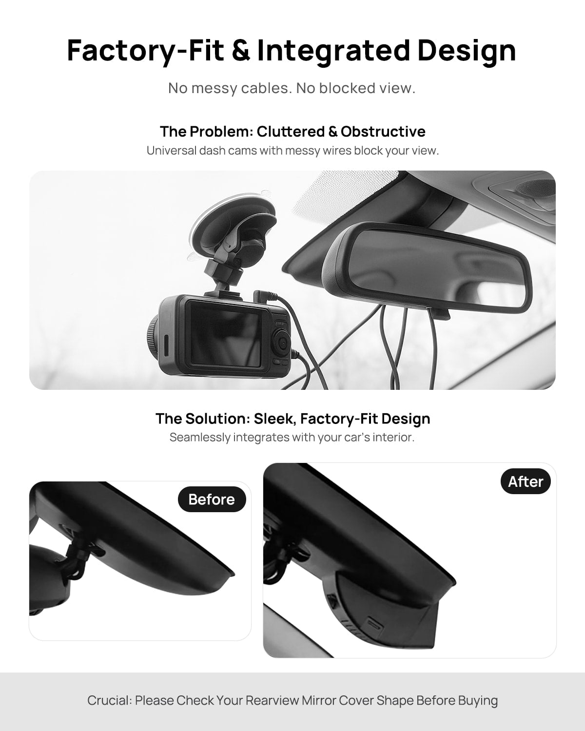 Before vs after installation on Toyota Highlander 2020-2025: integrated front & rear dash cam behind mirror cover for a cleaner, unobstructed view