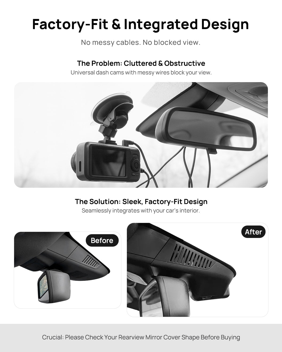 Before vs after installation on Mercedes-Benz GL-Class GL350 GL500 X166 2013-2015: integrated dash cam behind mirror cover for a cleaner, unobstructed view