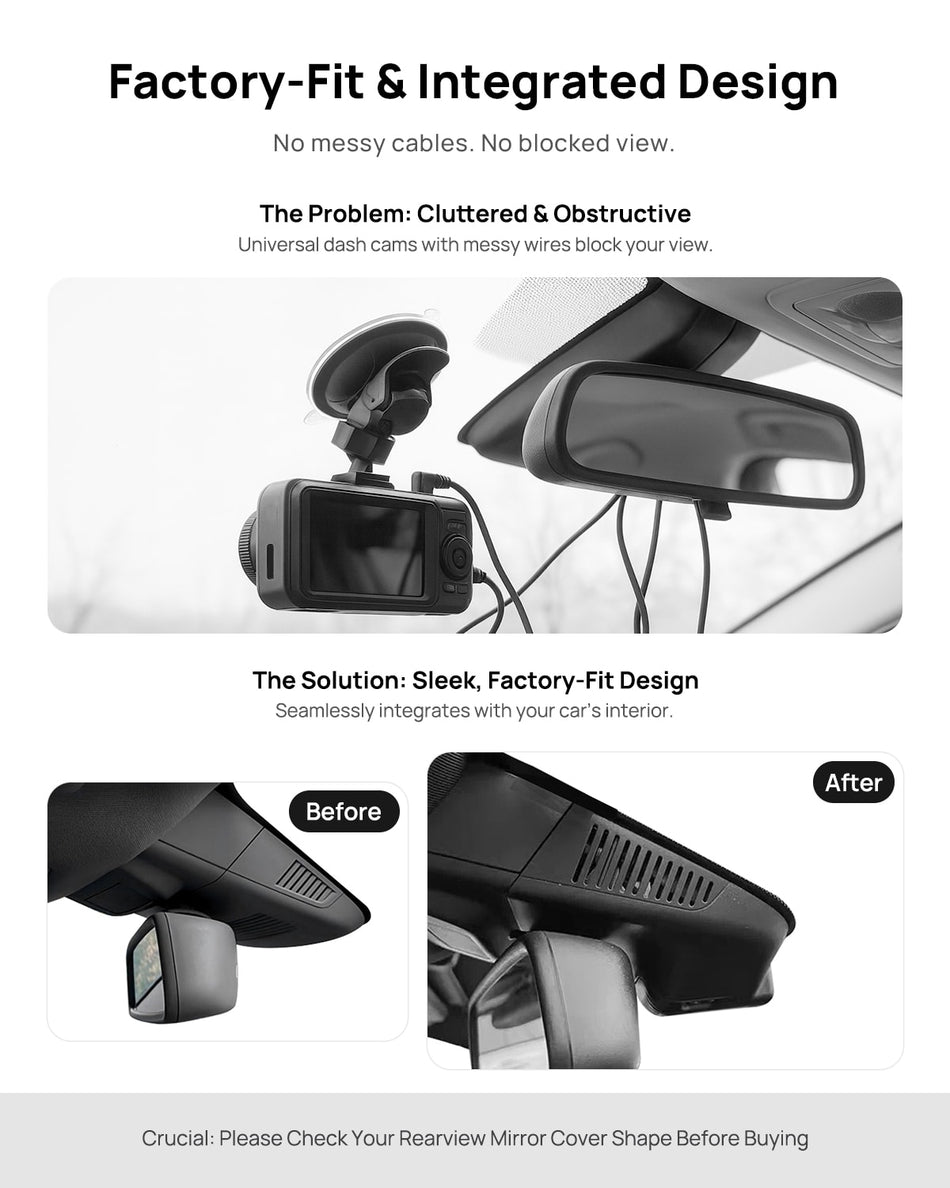 Before vs after installation on Mercedes-Benz GL-Class GL350 GL500 X166 2013-2015: integrated dash cam behind mirror cover for a cleaner, unobstructed view