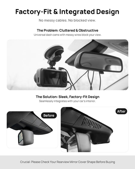 Before vs after installation on Mercedes-Benz GL-Class GL350 GL500 X166 2013-2015: integrated front & rear dash cam behind mirror cover for a cleaner, unobstructed view