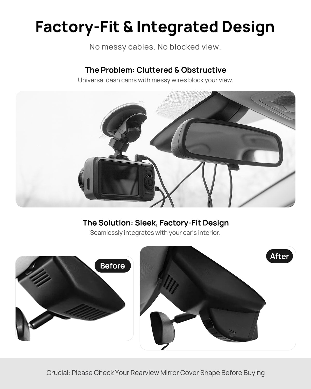 Before vs after installation on Honda Accord Mk10 2018-2022: integrated front & rear dash cam behind mirror cover for a cleaner, unobstructed view