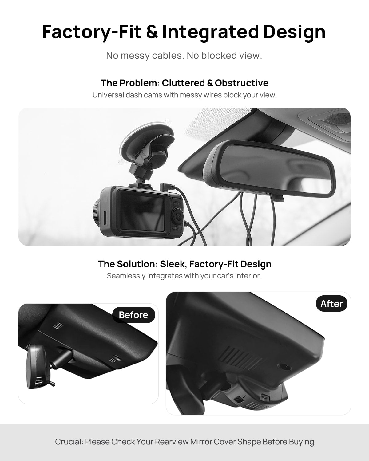 Before vs after installation on Cadillac CT5 2024 2025: integrated dash cam behind mirror cover for a cleaner, unobstructed view