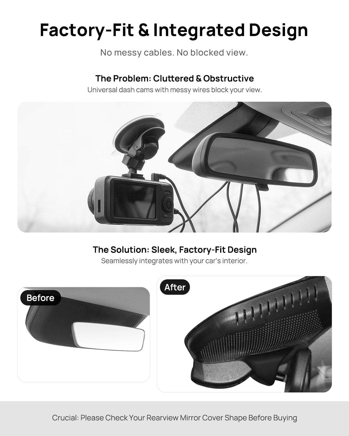 Before vs after installation on GAC AION V 2024 2025: integrated dash cam behind mirror cover for a cleaner, unobstructed view