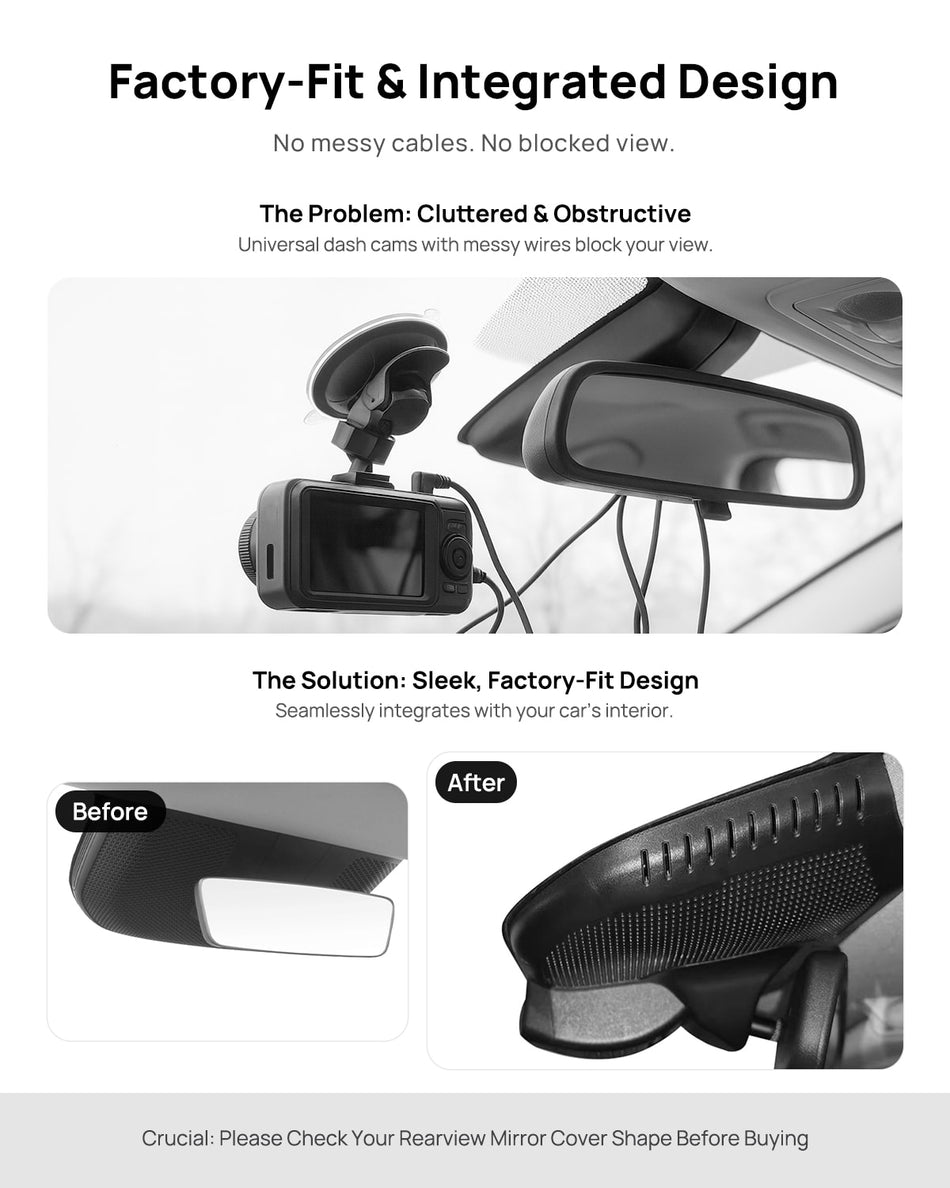 Before vs after installation on GAC AION V 2024 2025: integrated dash cam behind mirror cover for a cleaner, unobstructed view