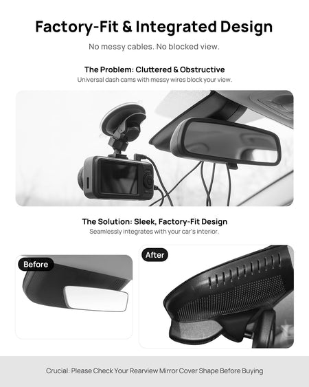 Before vs after installation on GAC AION V 2024 2025: integrated front & rear dash cam behind mirror cover for a cleaner, unobstructed view