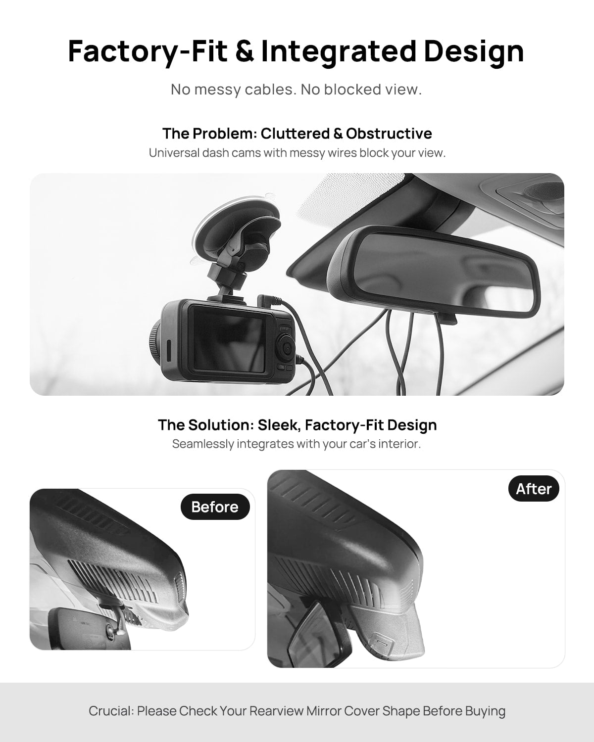 Before vs after installation on Mercedes-Benz V-Class V300 W447 Vito 2024 2025: integrated dash cam behind mirror cover for a cleaner, unobstructed view