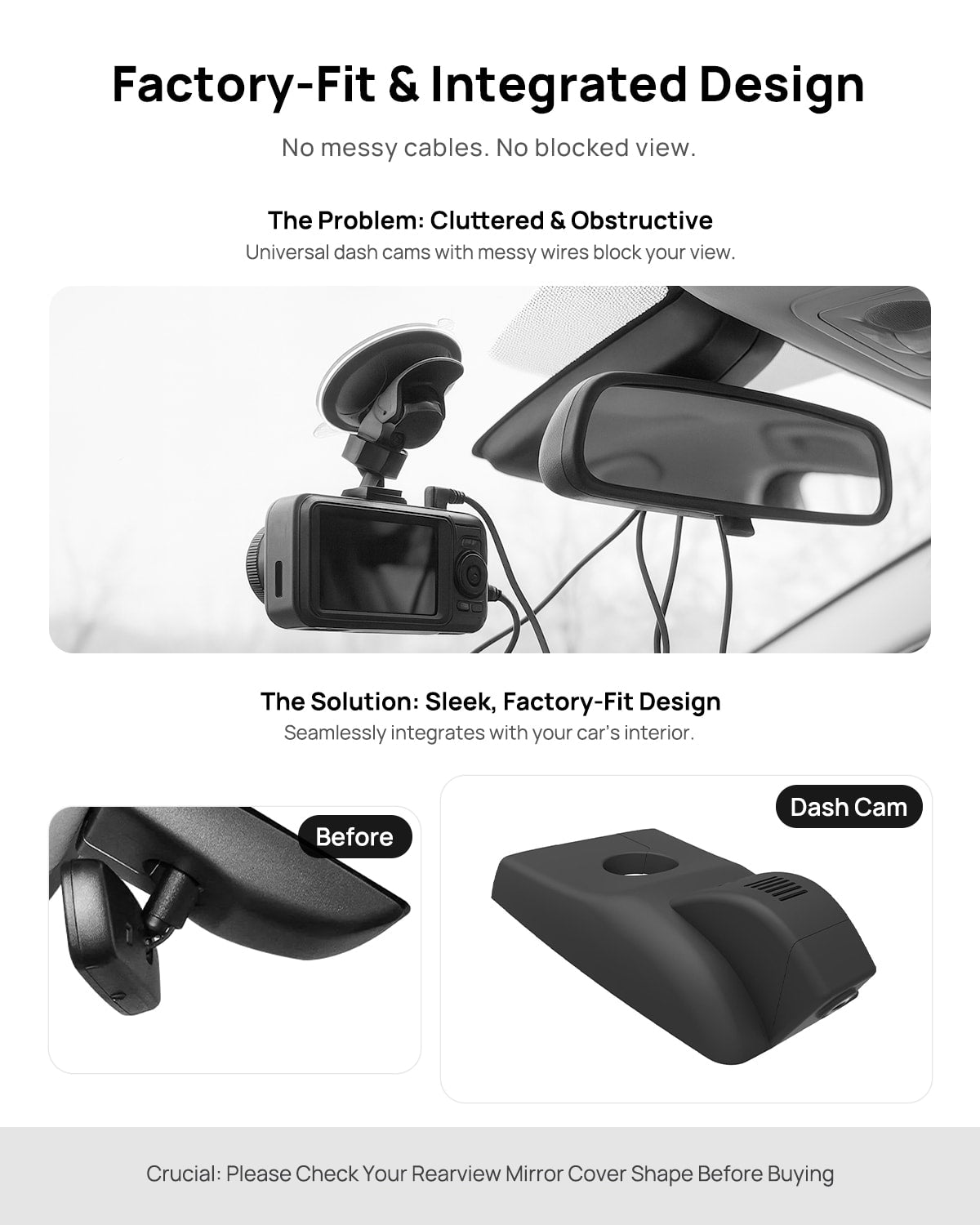 Before vs after installation on Toyota RAV4 2017 2018: integrated dash cam behind mirror cover for a cleaner, unobstructed view
