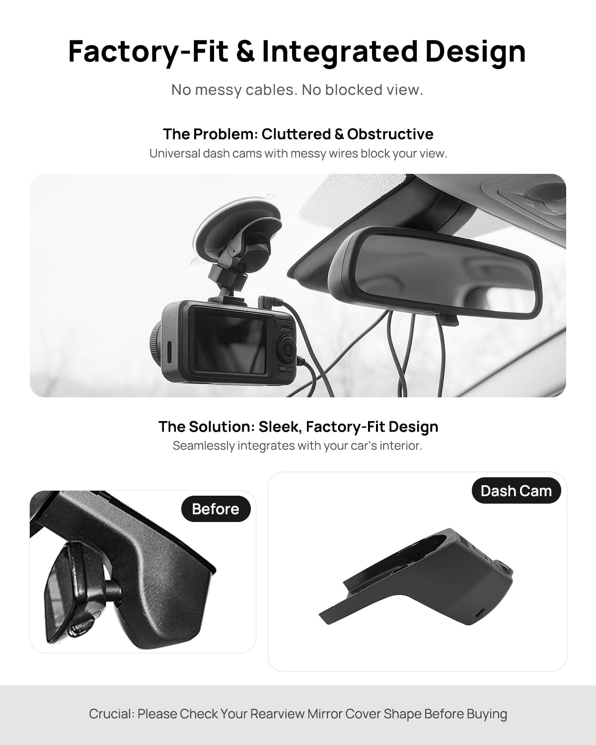 Before vs after installation on BMW 8 Series G16 2019: integrated front & rear dash cam behind mirror cover for a cleaner, unobstructed view