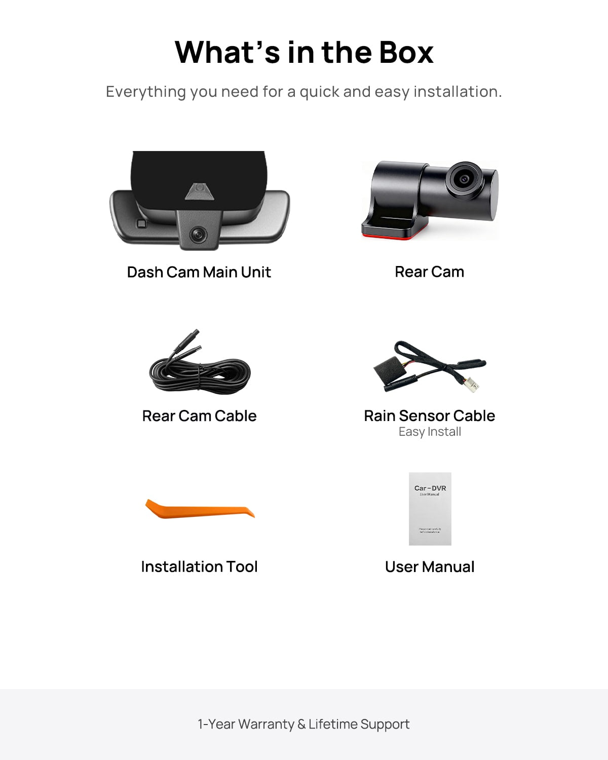 What's in the box: dash cam main unit, rear camera, rear camera cable, rain sensor power cable, installation tool and user manual