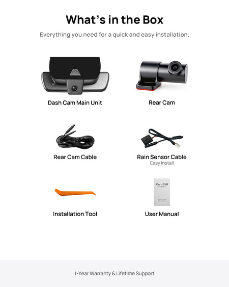 What's in the box: dash cam main unit, rear camera, rear camera cable, rain sensor power cable, installation tool and user manual