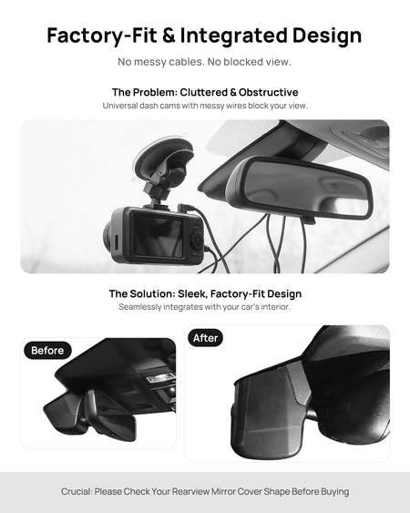 Before vs after installation on Porsche 911 992 992,2 Carrera 2025 2026: integrated front & rear dash cam behind mirror cover for a cleaner, unobstructed view