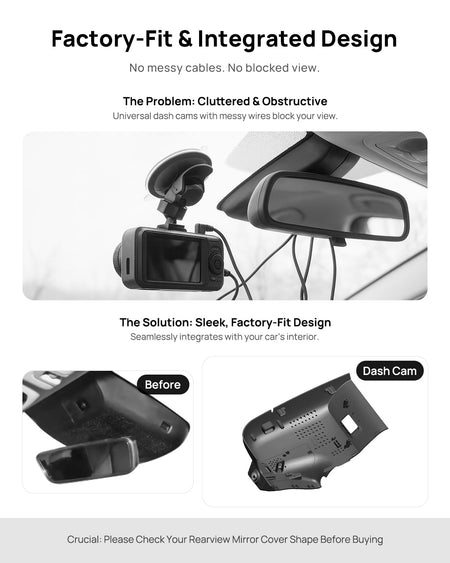 Before vs after installation on GAC AION LX Plus 2022-2024: integrated front & rear dash cam behind mirror cover for a cleaner, unobstructed view