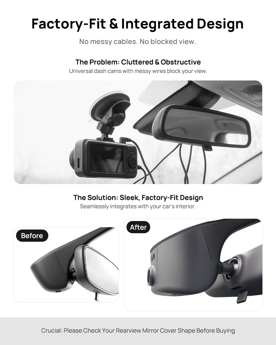 Before vs after installation on Audi 2019-2025 A4 A6 Allroad A3 A5 Q5 S4 S6 Q7 A8 Q8 S8 TT A7 S5 Q3 e-tron: integrated front & rear dash cam behind mirror cover for a...