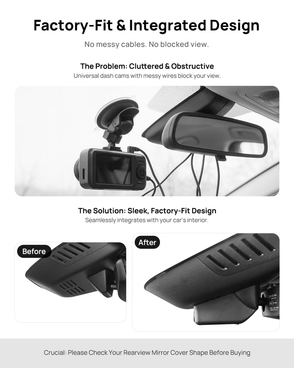 Before vs after installation on Volvo XC40 & XC40 Recharge 2021-2025 B4 B5 T4 T5 P8: integrated front & rear dash cam behind mirror cover for a cleaner, unobstructed view