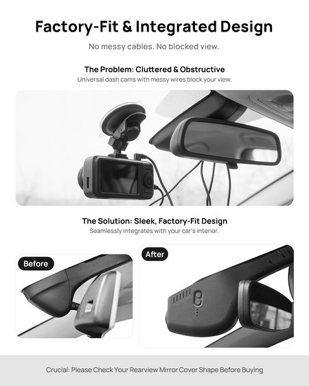 Before vs after installation on Volkswagen Multivan 2016-2019: integrated dash cam behind mirror cover for a cleaner, unobstructed view
