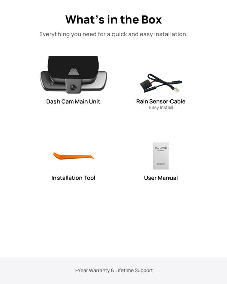 What's in the box: dash cam main unit, rain sensor power cable, installation tool and user manual