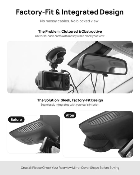 Before vs after installation on Mercedes-Benz E-Class E200 E300 E320 E350 W213 2016-2020: integrated front & rear dash cam behind mirror cover for a cleaner,...