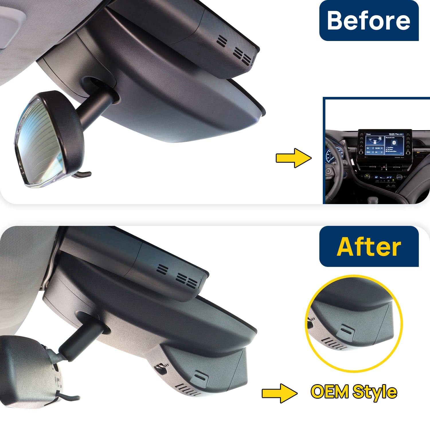 Vorher-Nachher Vergleich: Xplywi 1080P Frontkamera Dashcam Kompatibel mit Toyota Camry XV70 XV80 2021-2024, diskrete OEM-Installation