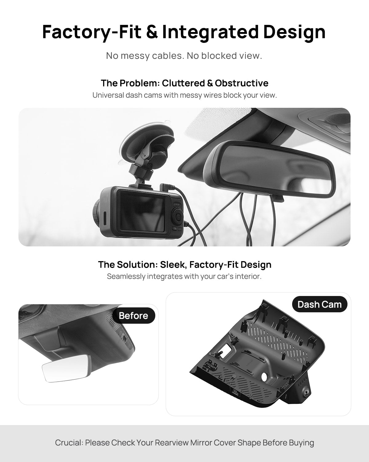 Before vs after installation on GAC AION Hyper HT 2023-2025: integrated dash cam behind mirror cover for a cleaner, unobstructed view