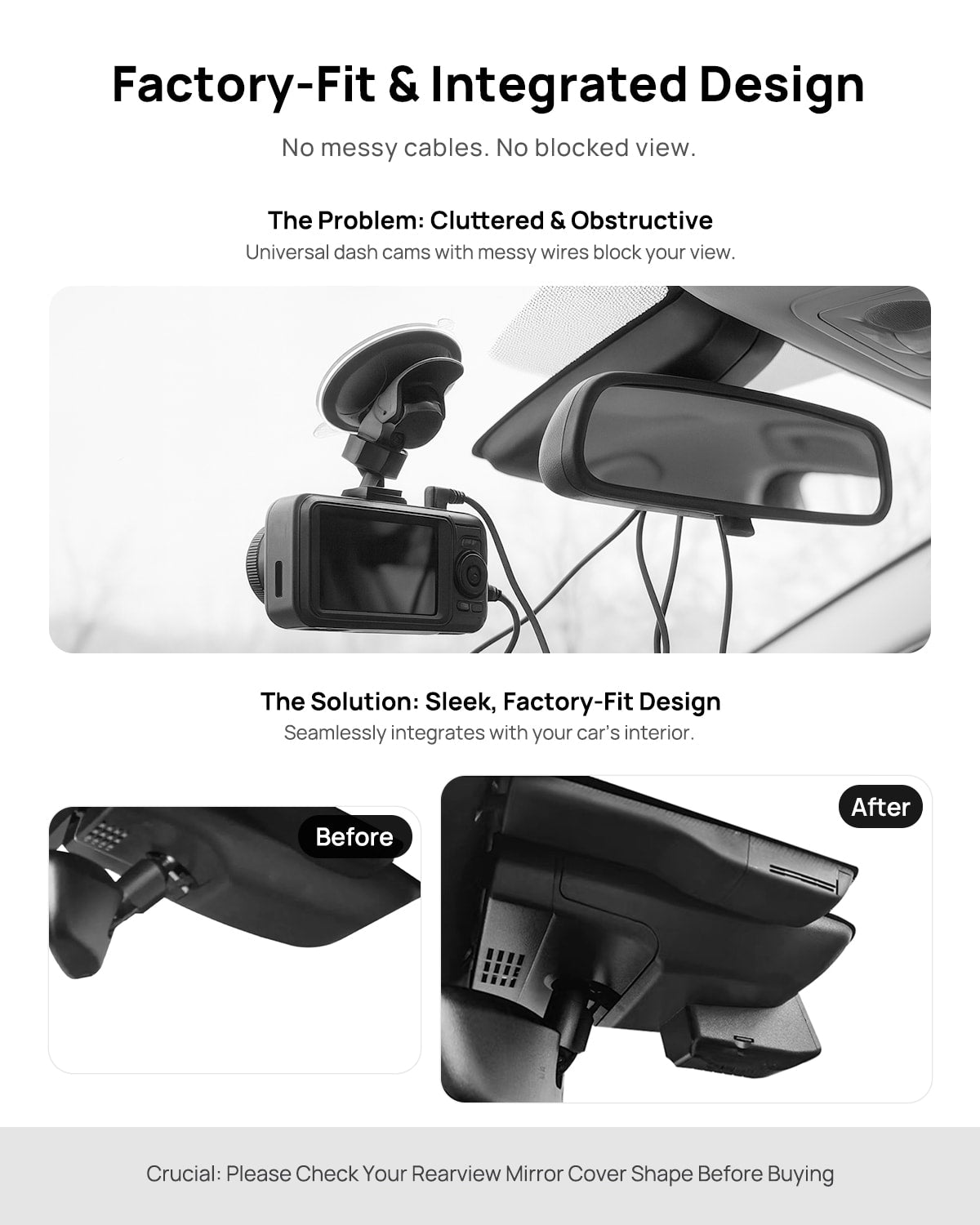 Before vs after installation on Toyota BZ4X 2022-2024: integrated dash cam behind mirror cover for a cleaner, unobstructed view