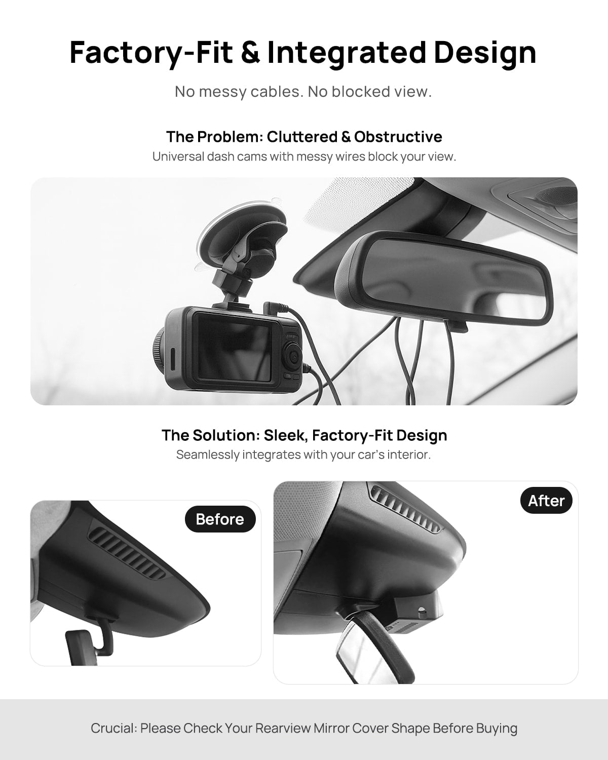 Before vs after installation on Mercedes-Benz Vito W447 W639 2016-2020: integrated front & rear dash cam behind mirror cover for a cleaner, unobstructed view