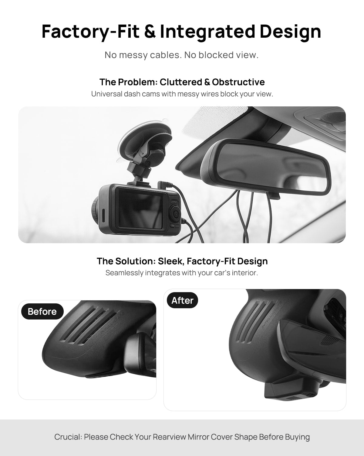 Before vs after installation on Volvo S90 V90 2017-2021 & XC60 2018-2021 T5 T6: integrated front & rear dash cam behind mirror cover for a cleaner, unobstructed view