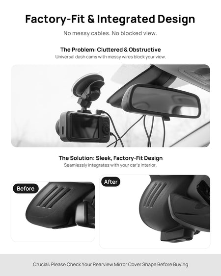 Before vs after installation on Volvo S90 V90 2017-2021 & XC60 2018-2021 T5 T6: integrated front & rear dash cam behind mirror cover for a cleaner, unobstructed view