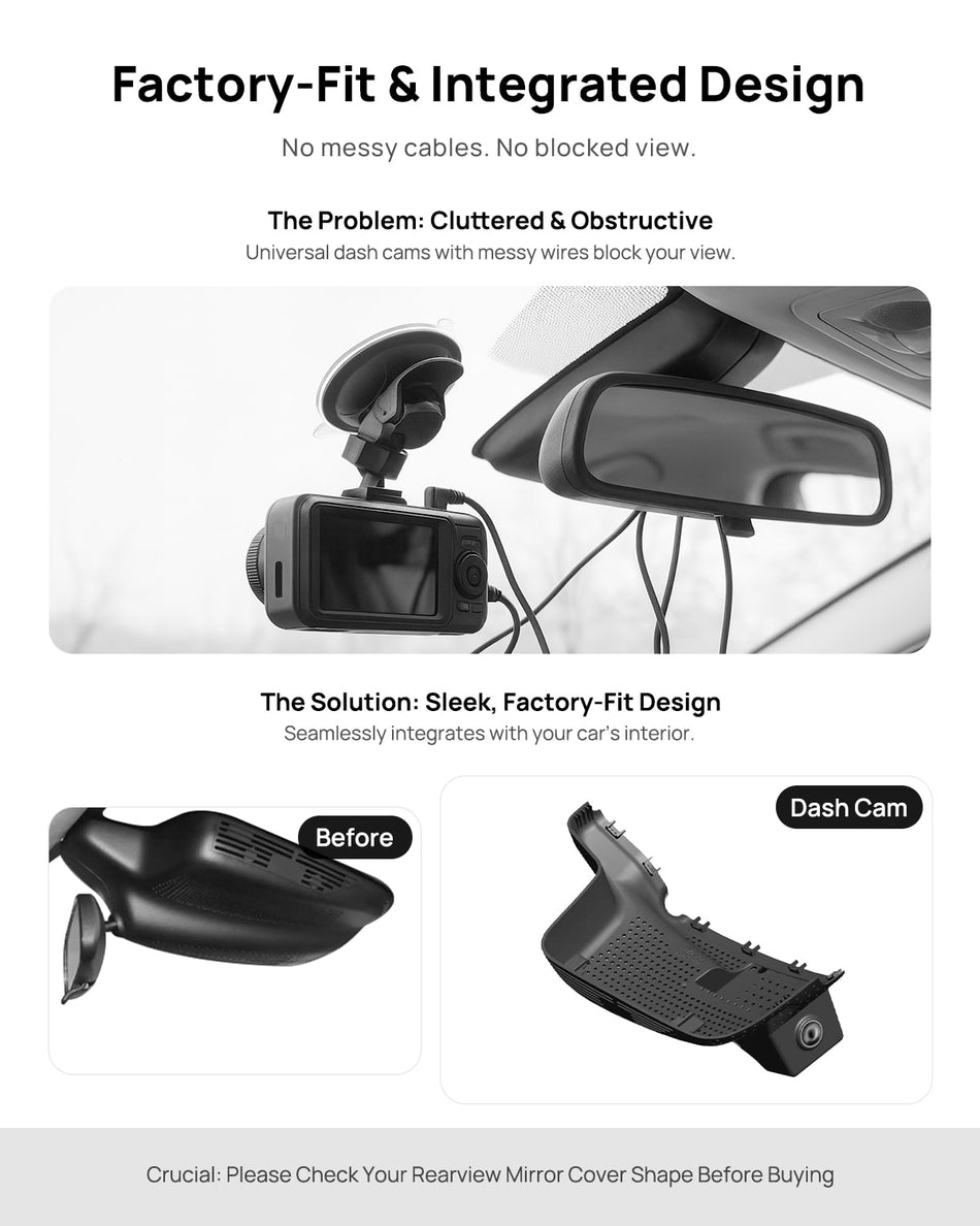 Before vs after installation on GAC AION V 2021-2023: integrated dash cam behind mirror cover for a cleaner, unobstructed view