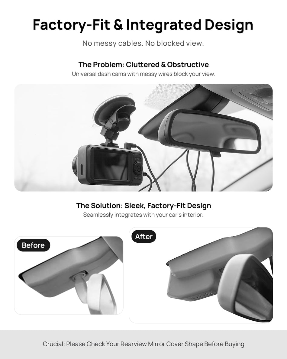 Before vs after installation on Hongqi H5 2020-2022(Grey): integrated dash cam behind mirror cover for a cleaner, unobstructed view