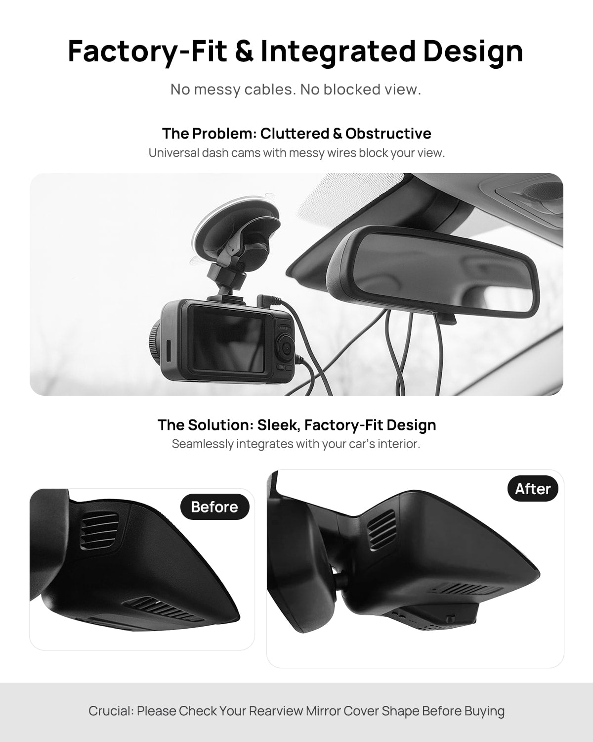 Before vs after installation on Ford Mondeo 2015-2019: integrated front & rear dash cam behind mirror cover for a cleaner, unobstructed view