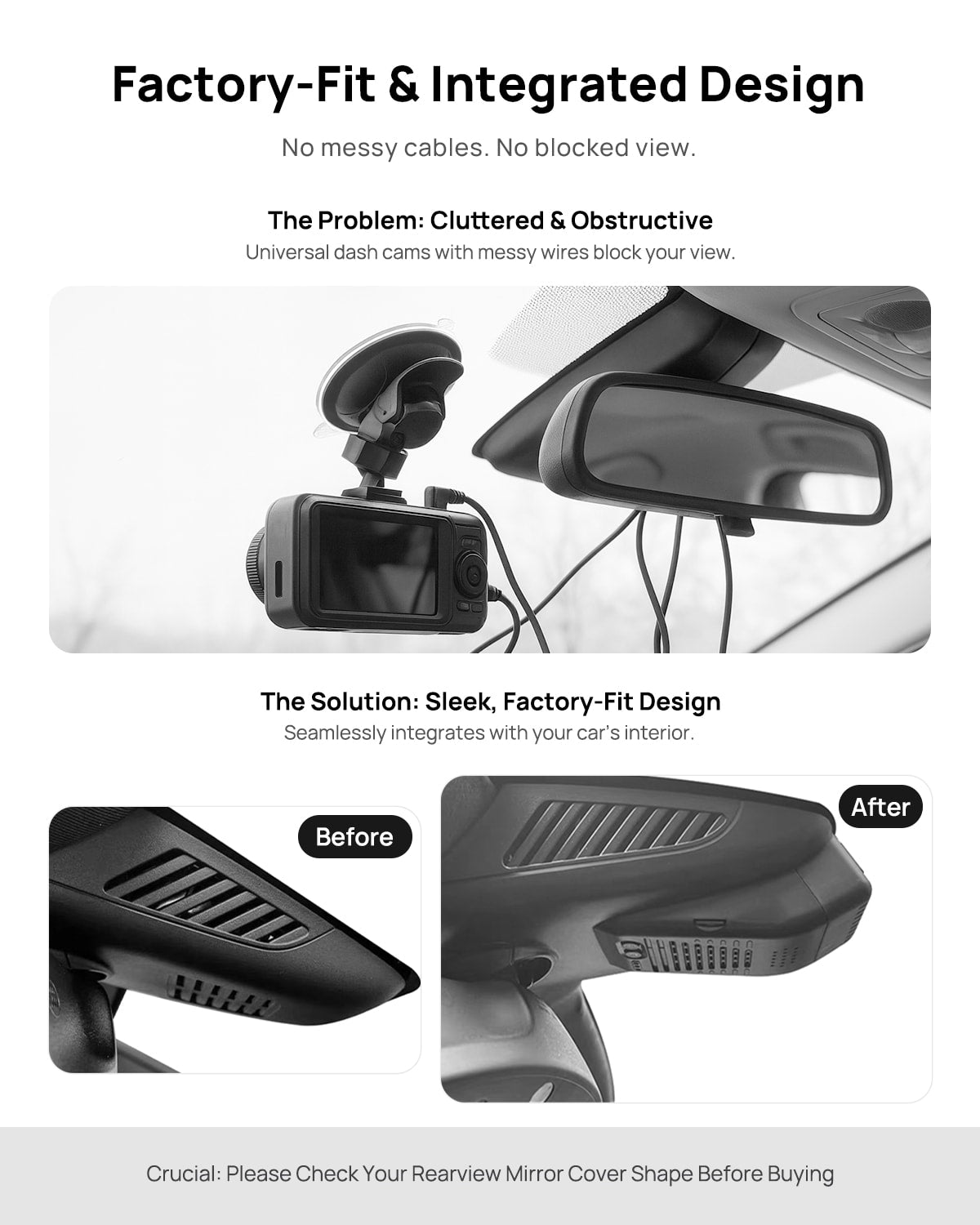 Before vs after installation on Mercedes-Benz C-Class C180 C200 C260 W205 W206 2017-2023: integrated front & rear dash cam behind mirror cover for a cleaner,...