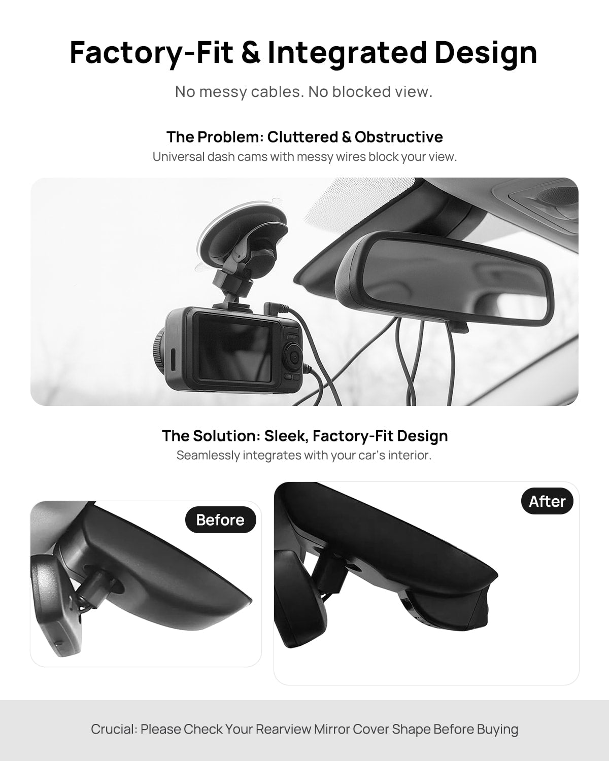 Before vs after installation on Toyota Highlander 2017-2019: integrated dash cam behind mirror cover for a cleaner, unobstructed view