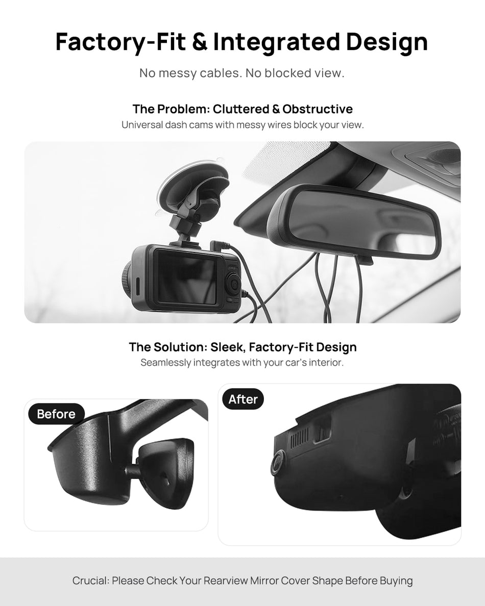 Before vs after installation on Jeep Grand Cherokee 2015-2018: integrated dash cam behind mirror cover for a cleaner, unobstructed view