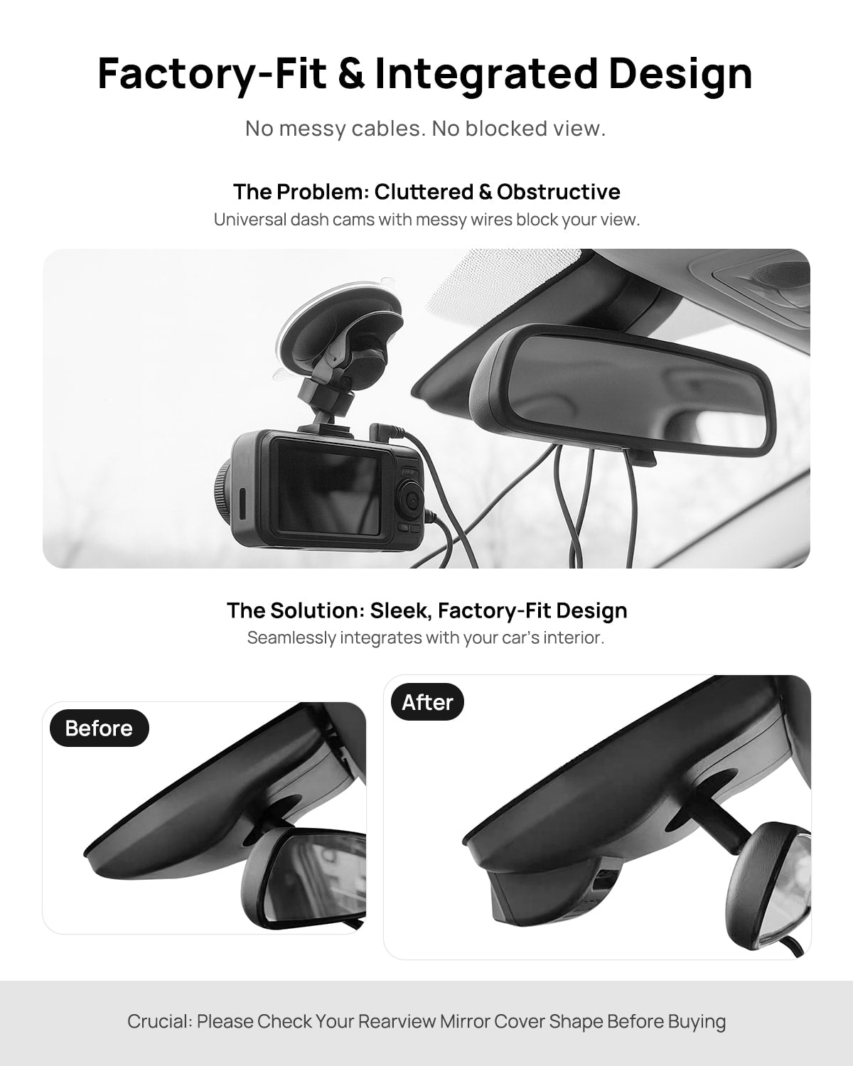 Before vs after installation on Toyota Avalon 2019-2022: integrated dash cam behind mirror cover for a cleaner, unobstructed view